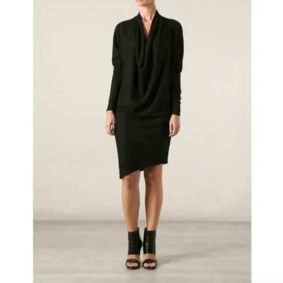 Helmut Lang FLAWED Dolman Sonar Wool Cowl Neck LS Asymmetrical Dress Black Large - Picture 2 of 12